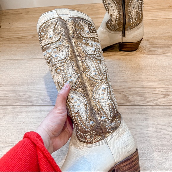 Frye Leather Deborah Deco Tall in White/Gold/Brown - Picture 9 of 13